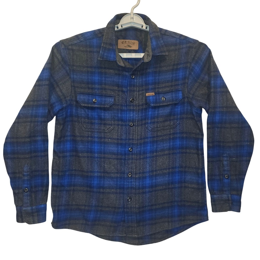 Orvis Mens‎ Blue Charcoal Grey Plaid Heavy Flannel Button Down Shirt Small S/CH